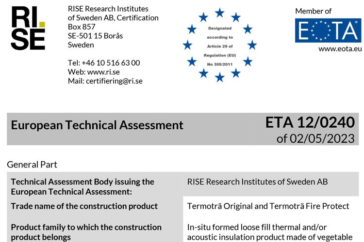 European Technical Assessment datablad for isodan termotra