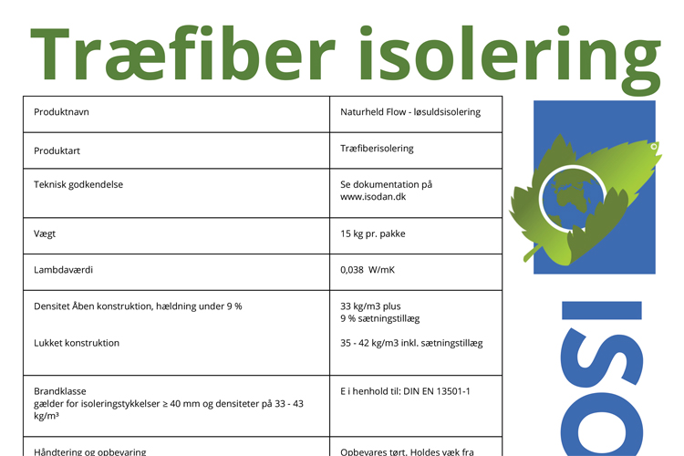 produktinformation om naturheld flow træuld til udblæsning