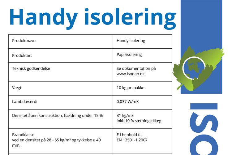 Datablad med de vigtigste oplysninger på Handy warmfiber isolering